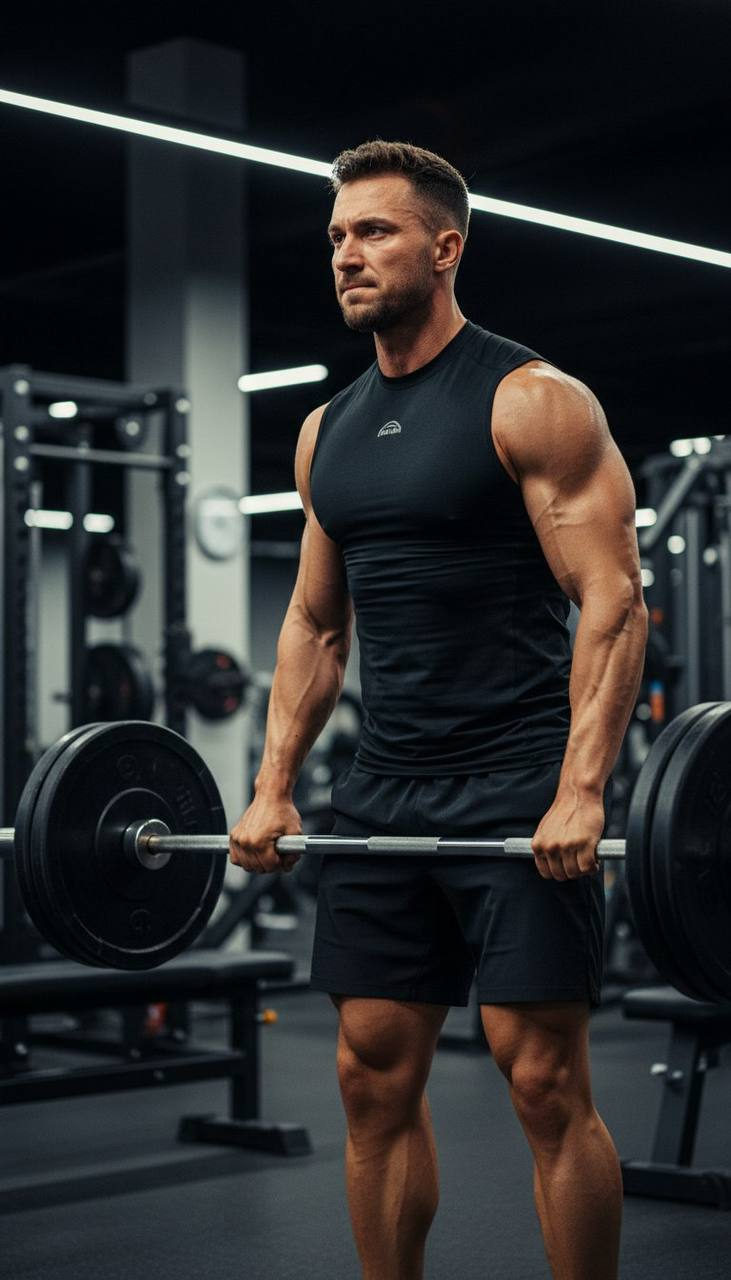 Muscular man lifting a barbell in a modern gym, sweat glistening under bright lighting.