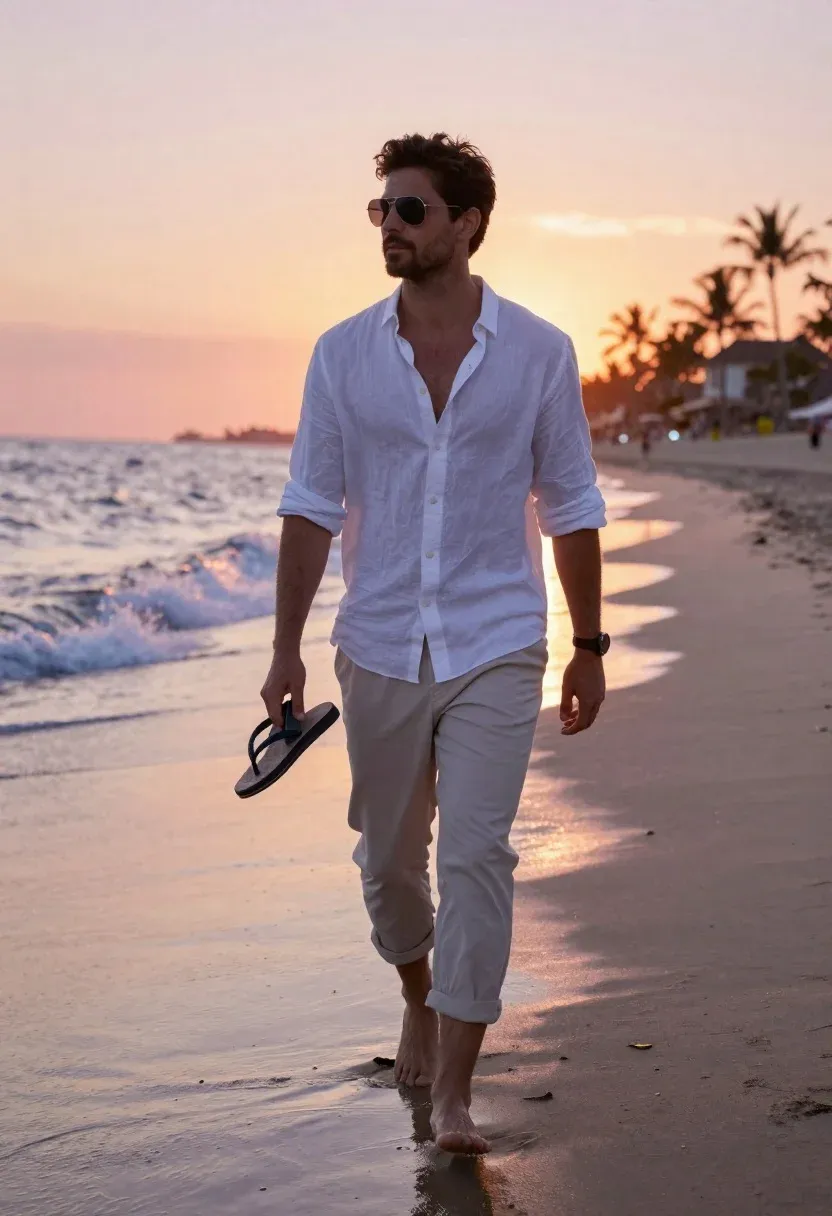 Cinematic Full-body Shot Stylish Man Walking Along The Wet Sand