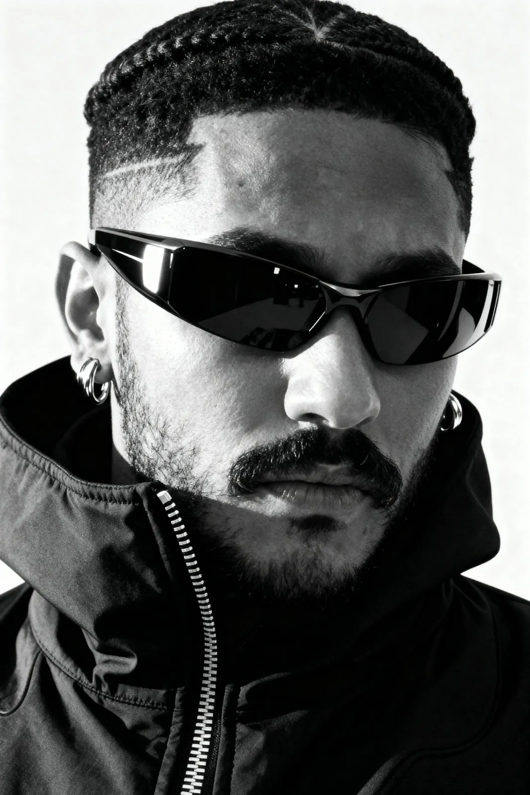 Sunglasses And Earrings In A High Collar Monochrome Portrait