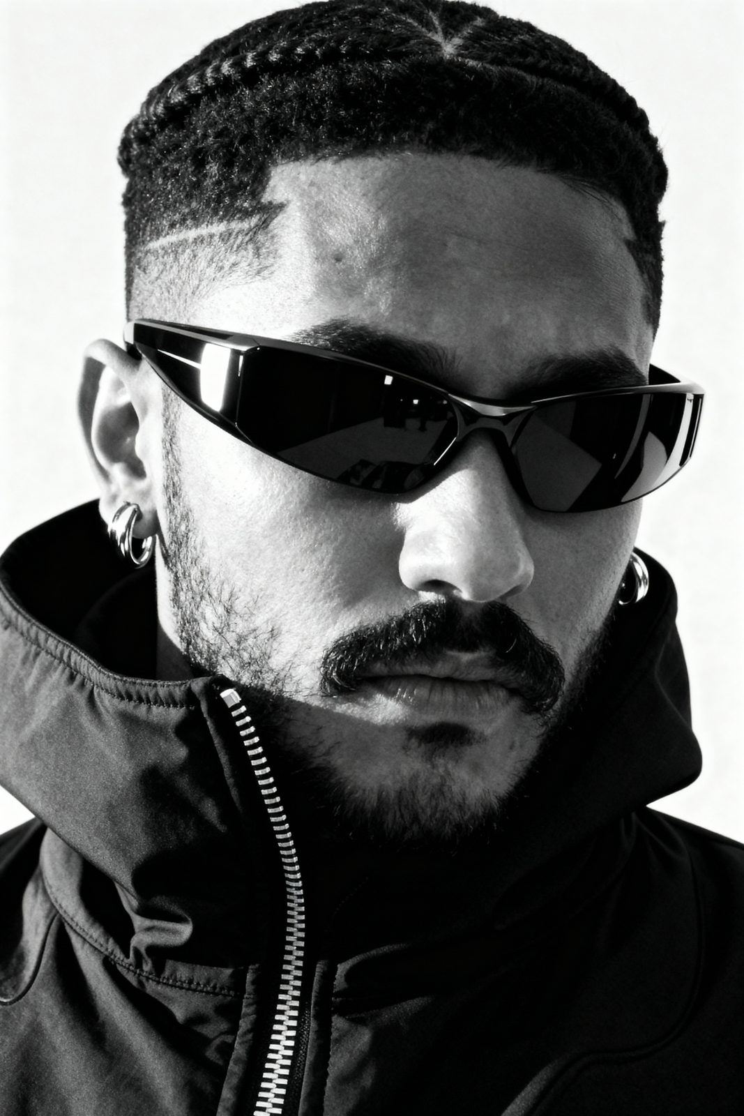 A close-up of a stylish figure in a high-collared jacket with futuristic sunglasses, dramatic lighting creates strong contrasts.