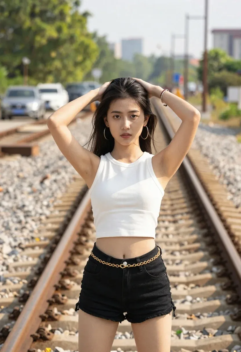 Young Woman Stands Confidently Set Railroad Tracks Outdoor Setting Subject
