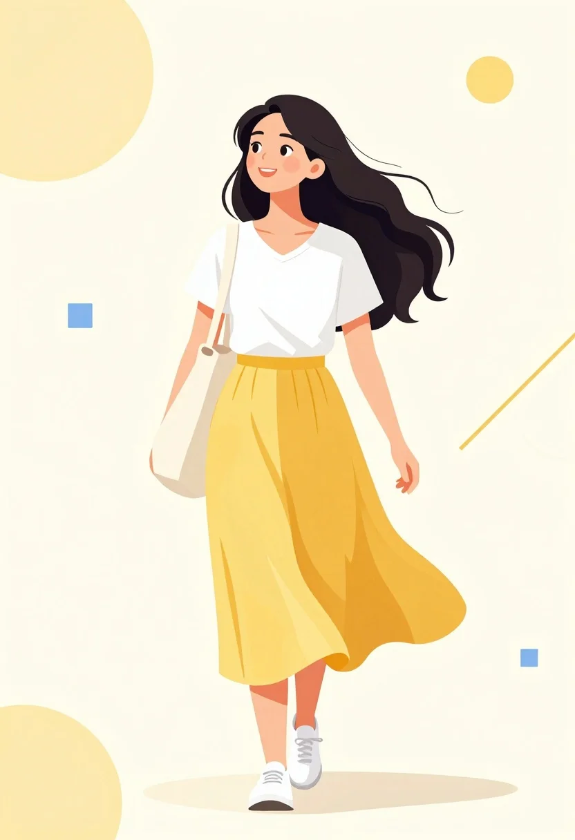 A cheerful young woman with long dark hair walking forward, wearing a bright smile in soft daylight.