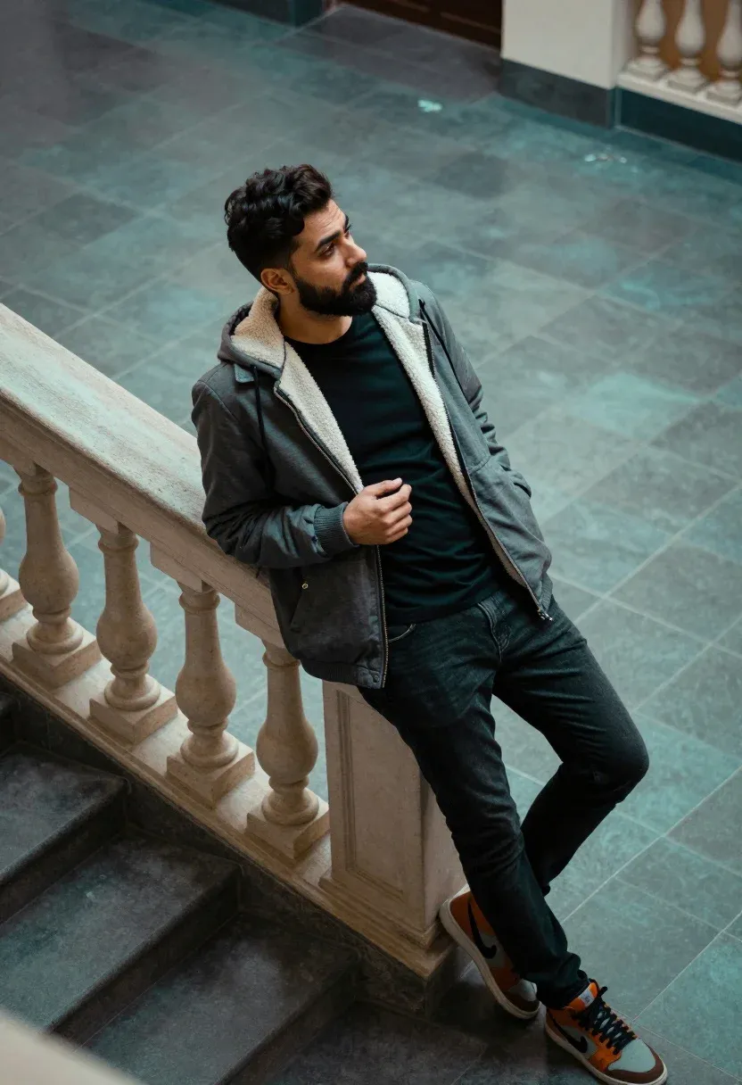 Man Leans Casually Against Stone Balustrade Staircase Looking Off The