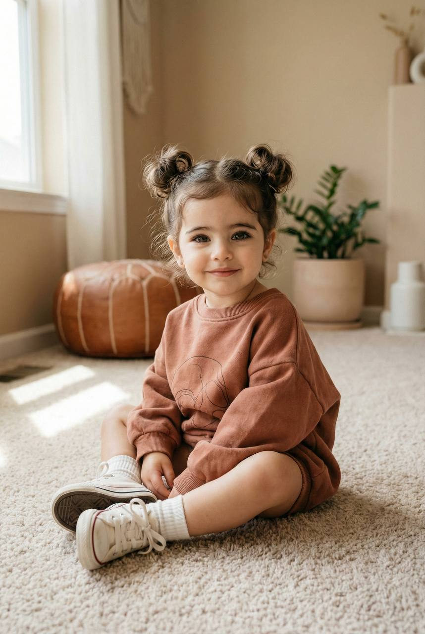 A toddler sitting on a soft neutral carpet in a warm minimalist home, wearing a textured cotton sweatshirt and classic sneakers.