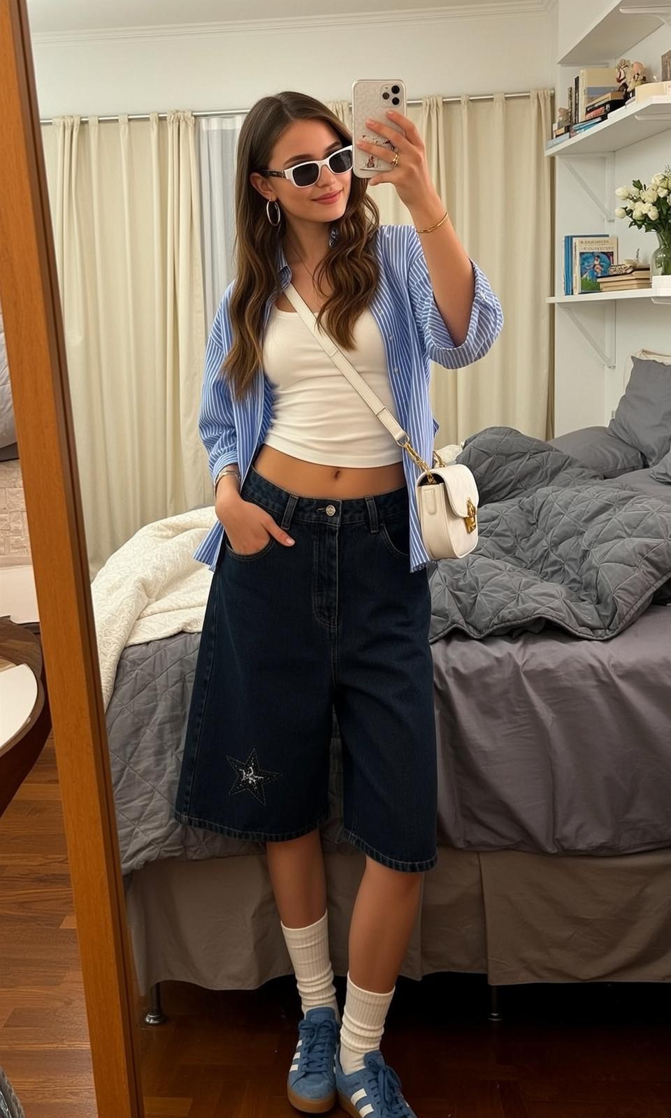 White Crop Top Wavy Hair Mirror Selfie