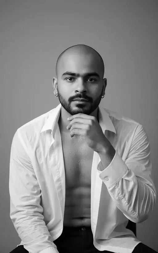 Black and white fine art portrait of a stylish young man in oversized white shirt, posed thoughtfully against a gray backdrop.