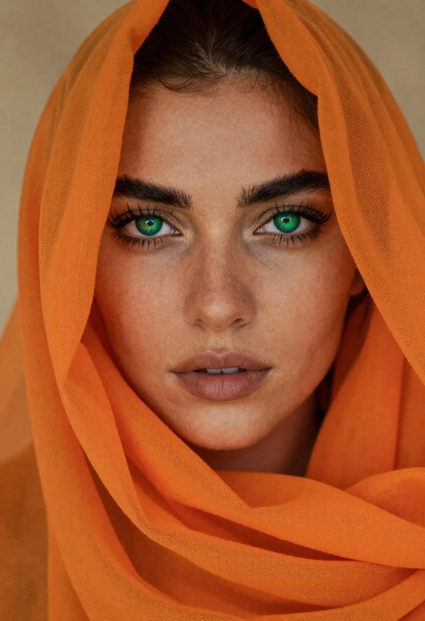 Vibrant Portrait Woman With Striking Green Eyes And Defined Eyebrows reference photo