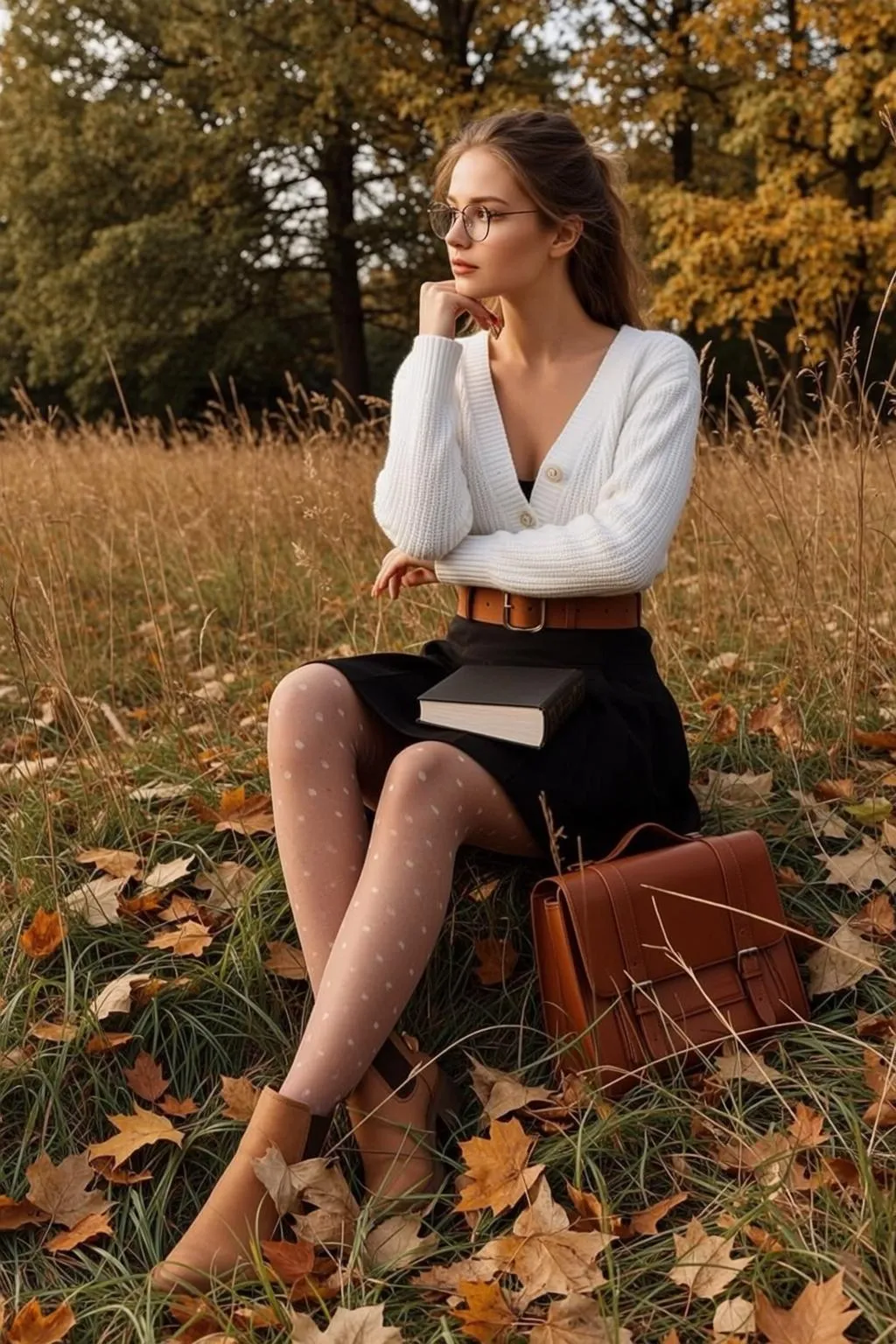 Glasses And White Cardigan Field Portrait