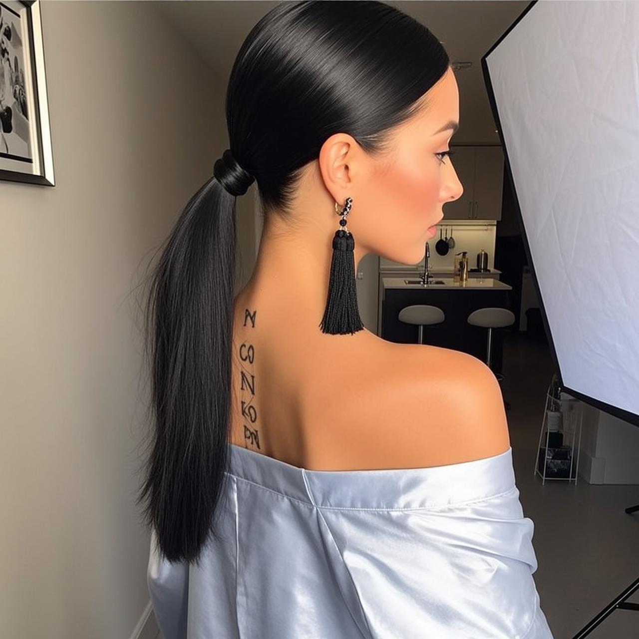 Hair Salon Long Black Sleek Pulled Back