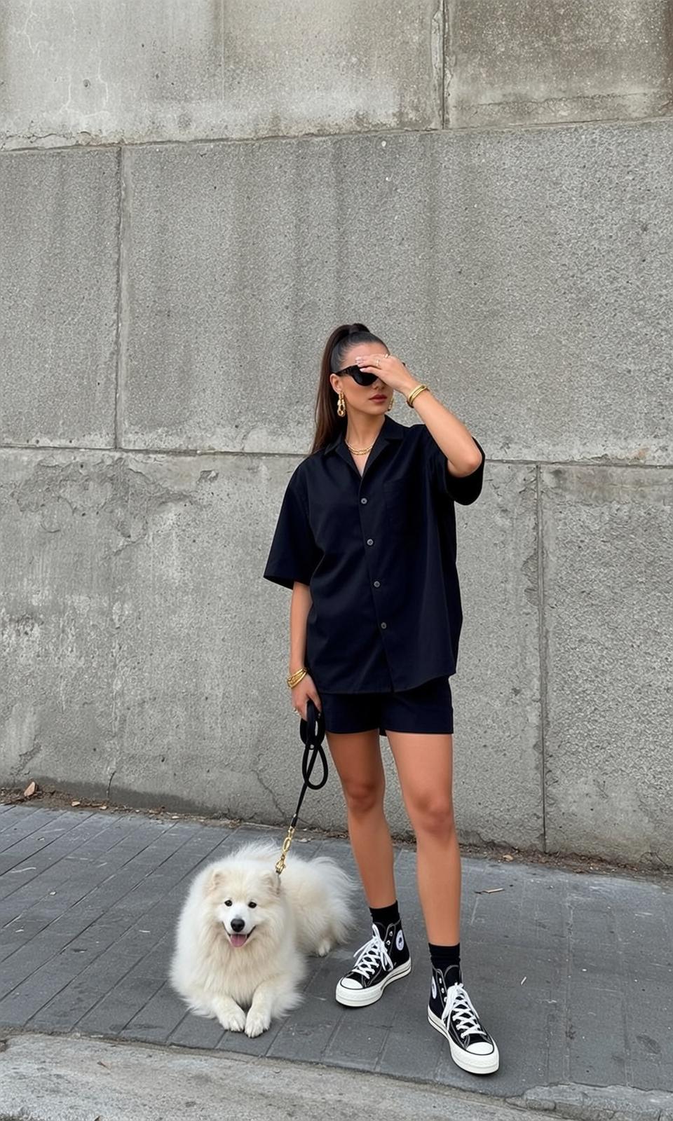 Casual Dark Brown Ponytail Tan Black Short-sleeved