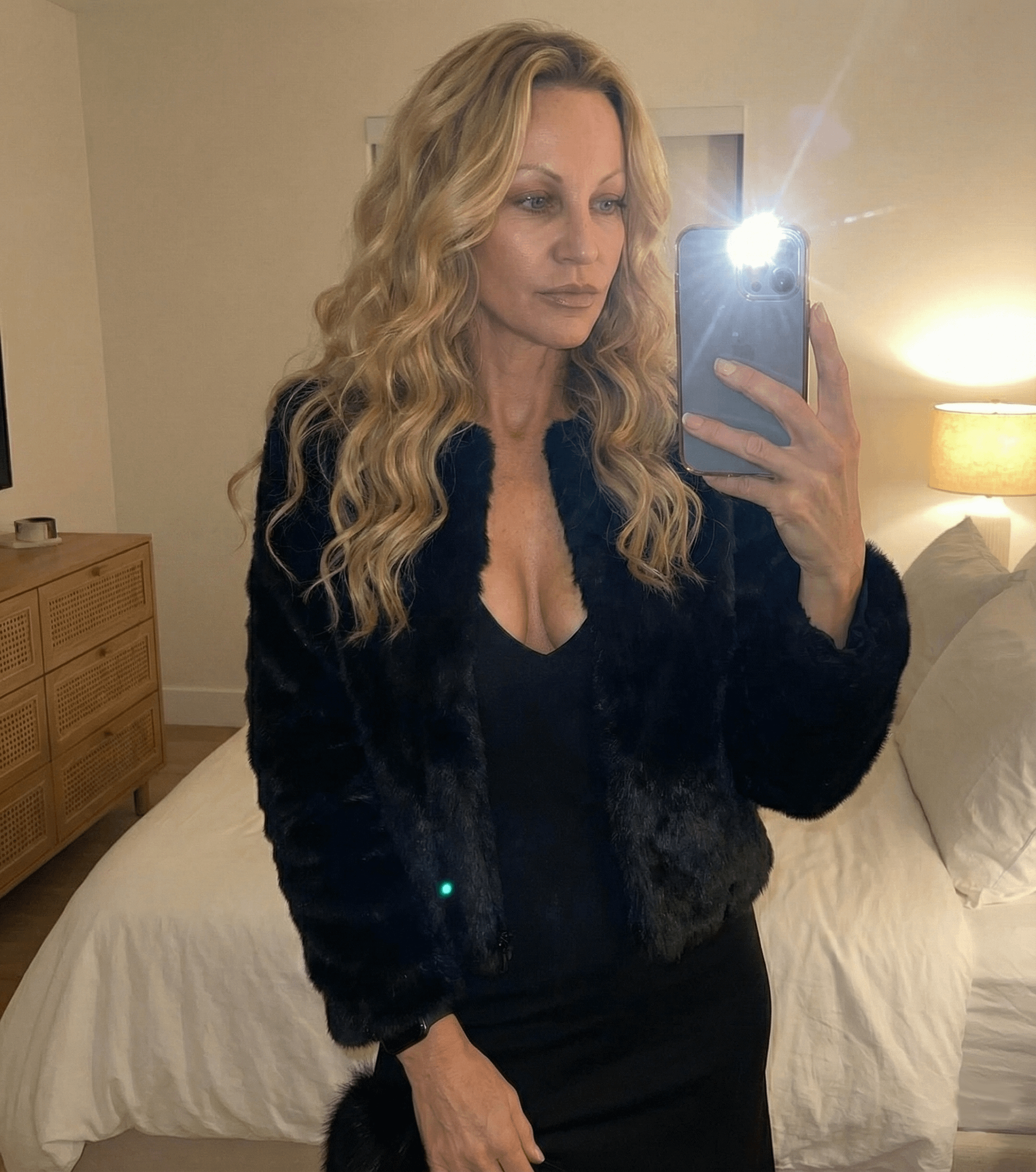Selfie In Bedroom Black Dress Faux Fur Jacket