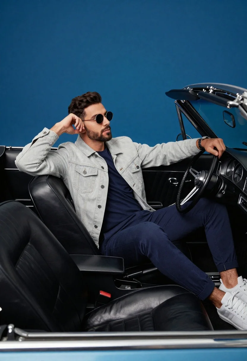 Studio Photography Stylish Man Leaning Back The Driver Seat Vintage reference photo