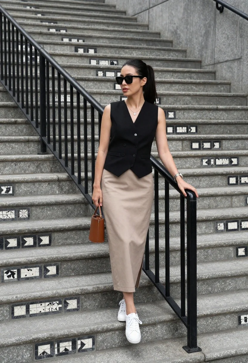 Stylish Woman Stands Wide Staircase With One Hand Resting The reference photo