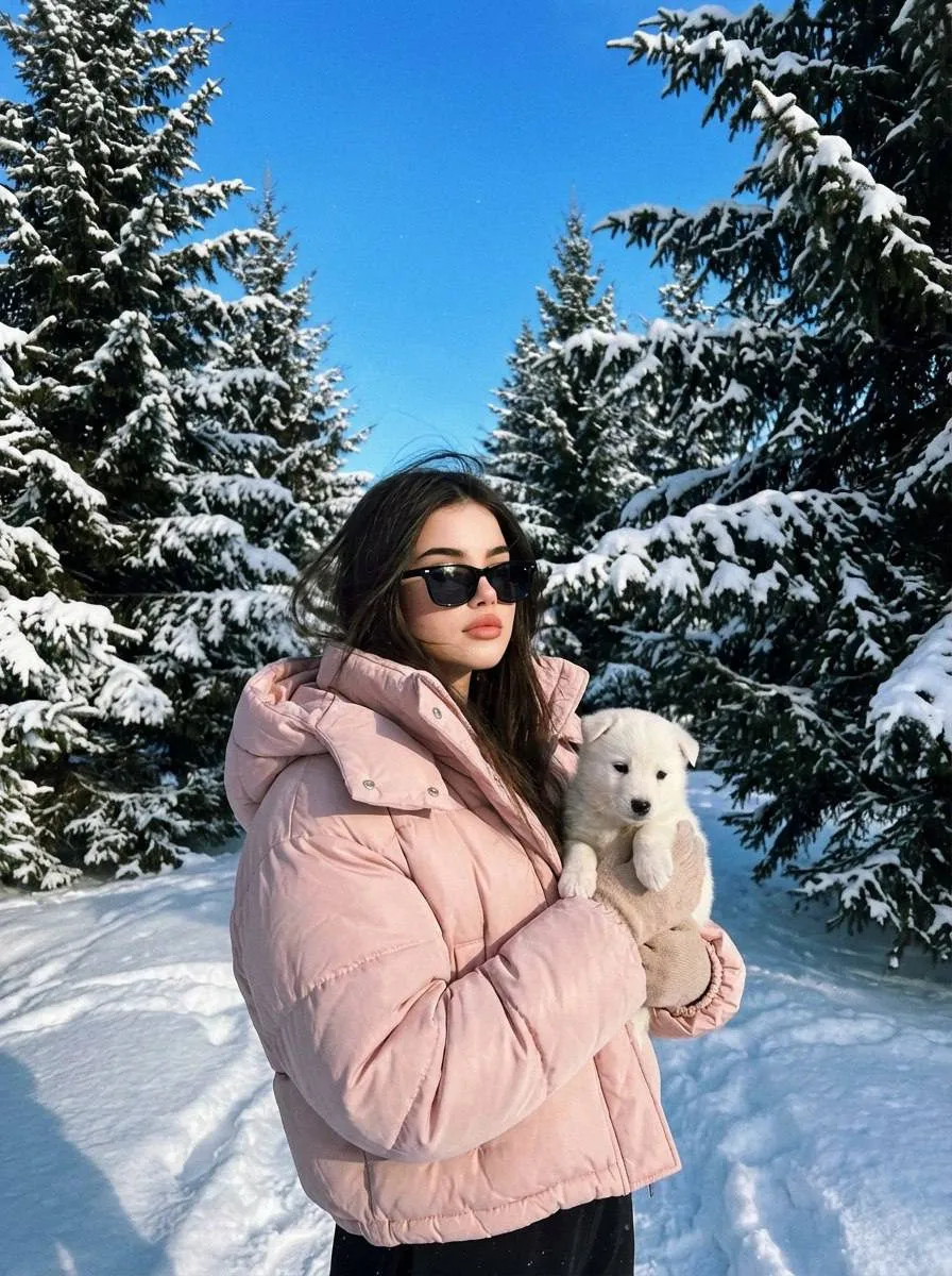 Glasses With Pink Jacket And Puppy In A Forest