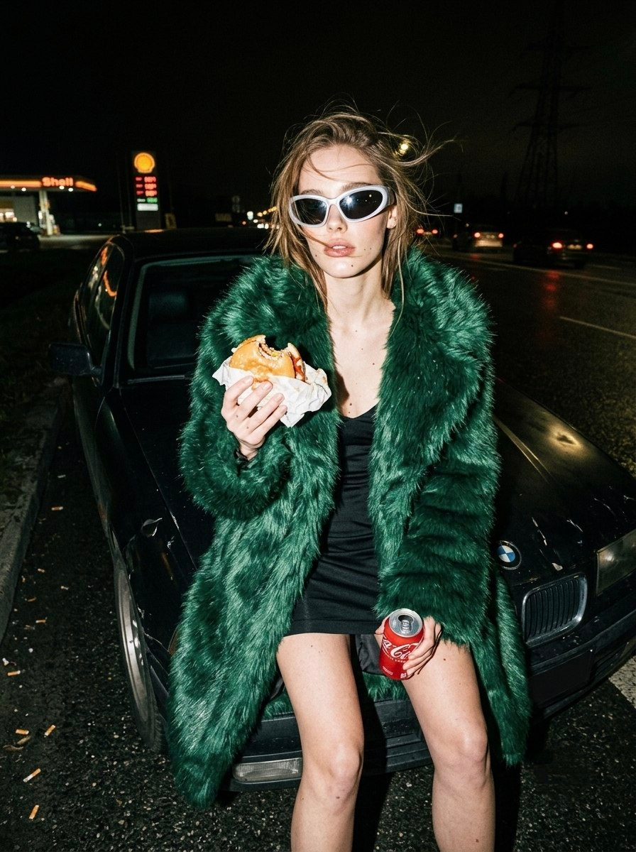 A woman in a deep emerald green faux fur coat over a short black dress, sitting on a matte black car at night with a burger and coke.