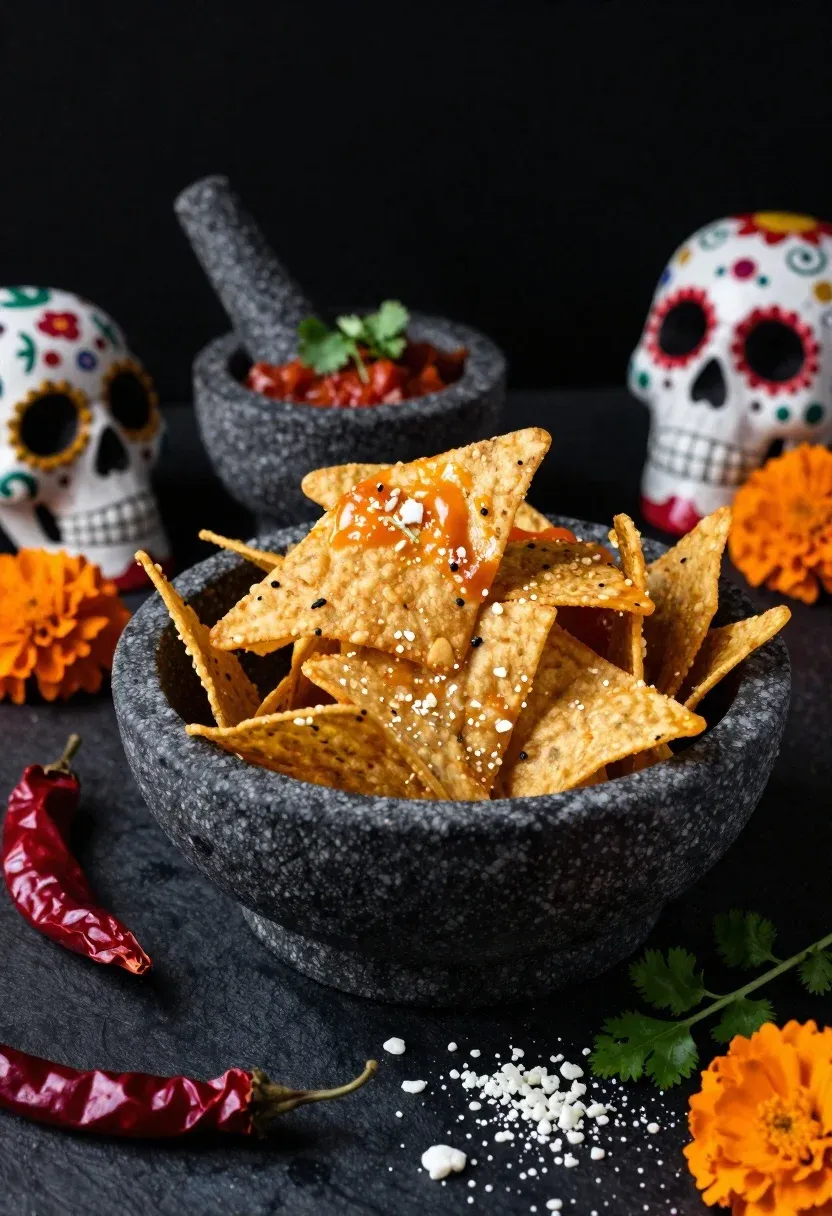 Close-up Food Photography Shot Vibrant Mexican Snacks Arranged Dark Surface