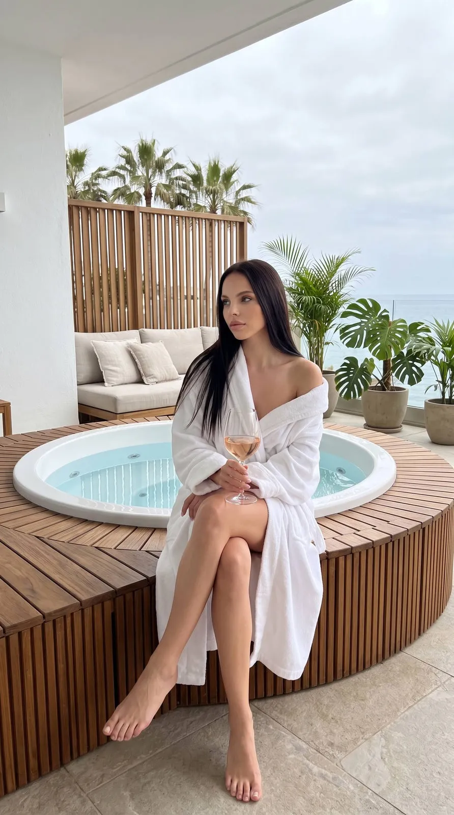 White Robe With Wine Glass On Jacuzzi Edge