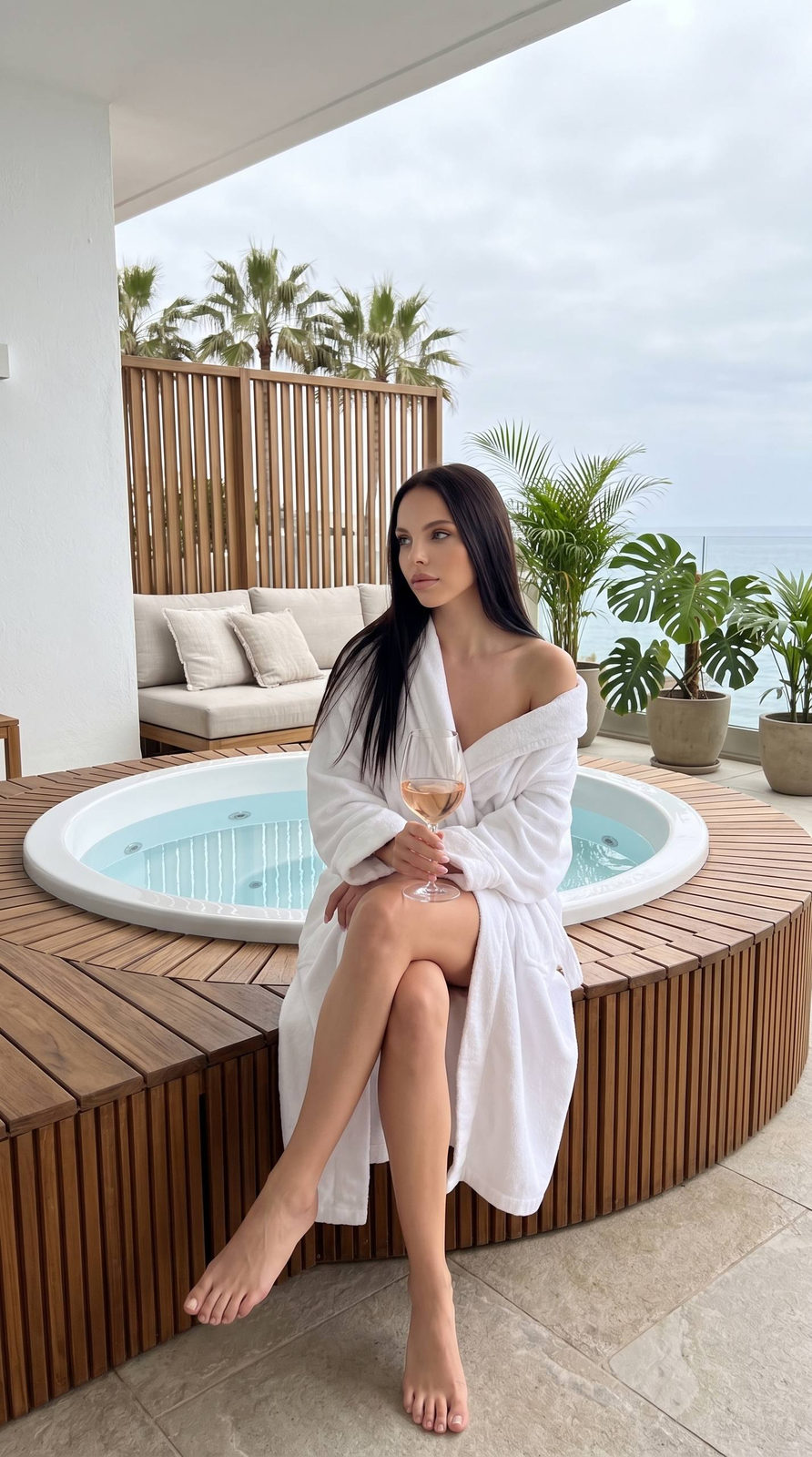 White Robe With Wine Glass On Jacuzzi Edge
