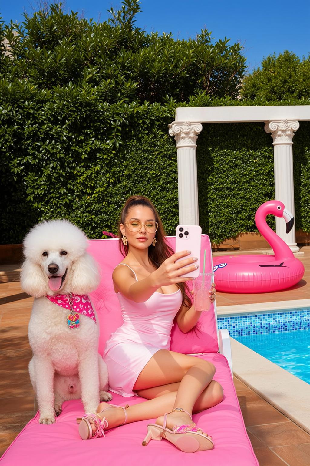 Barbiecore Seated Pink Chaise Lounge Holding Smartphone