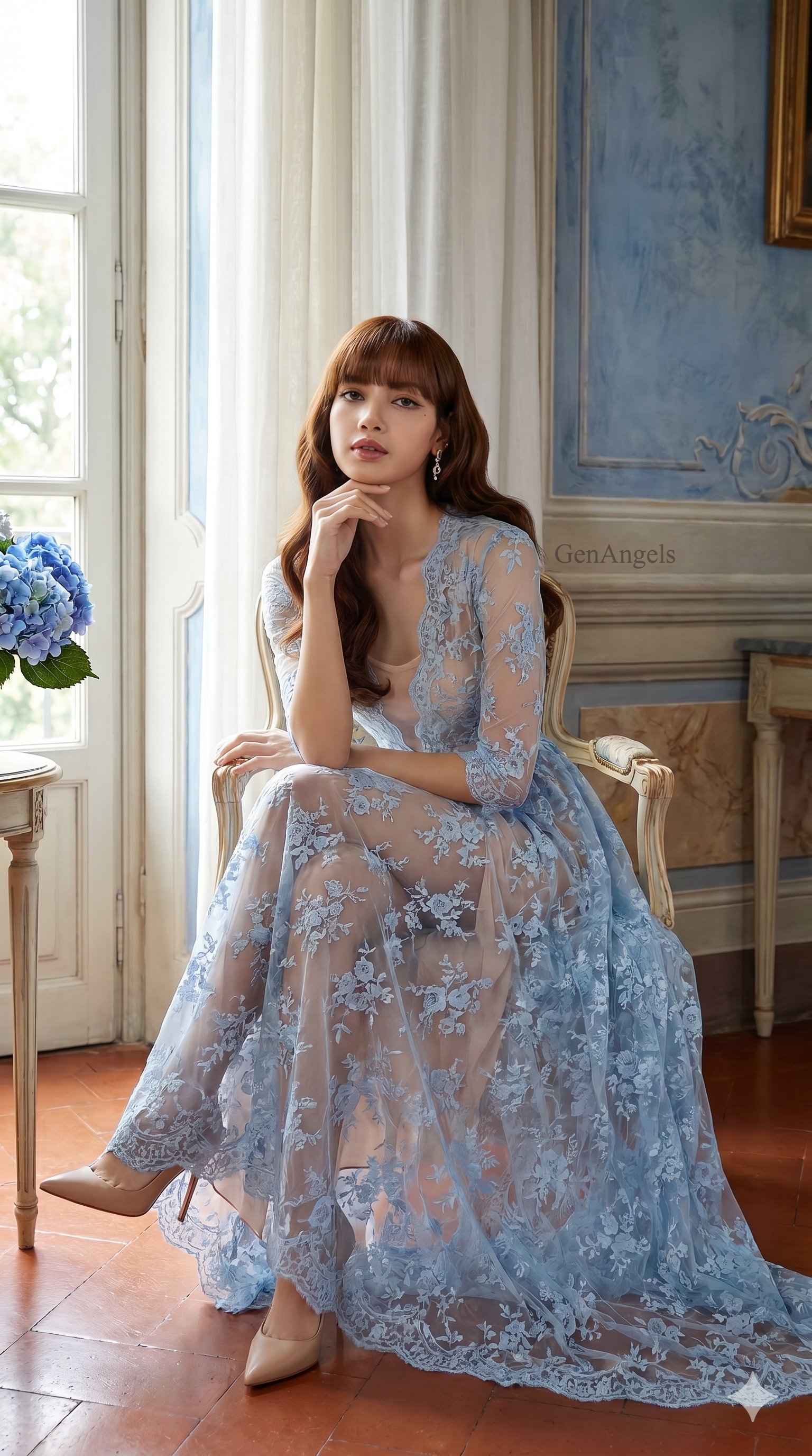 Sheer Lace Gown Antique Chair Window View