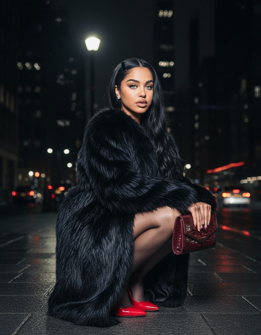A woman in a luxurious fur coat squats on stone pavement under dim street lighting, with expressive green eyes and a burgundy clutch.