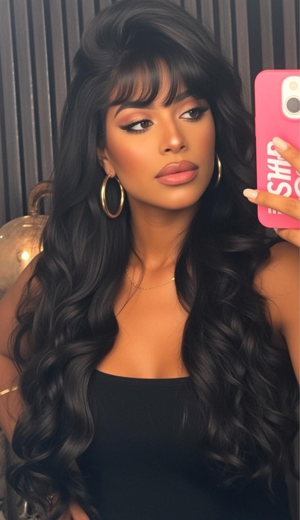 Hair Salon Long Wavy Black Bangs Tan