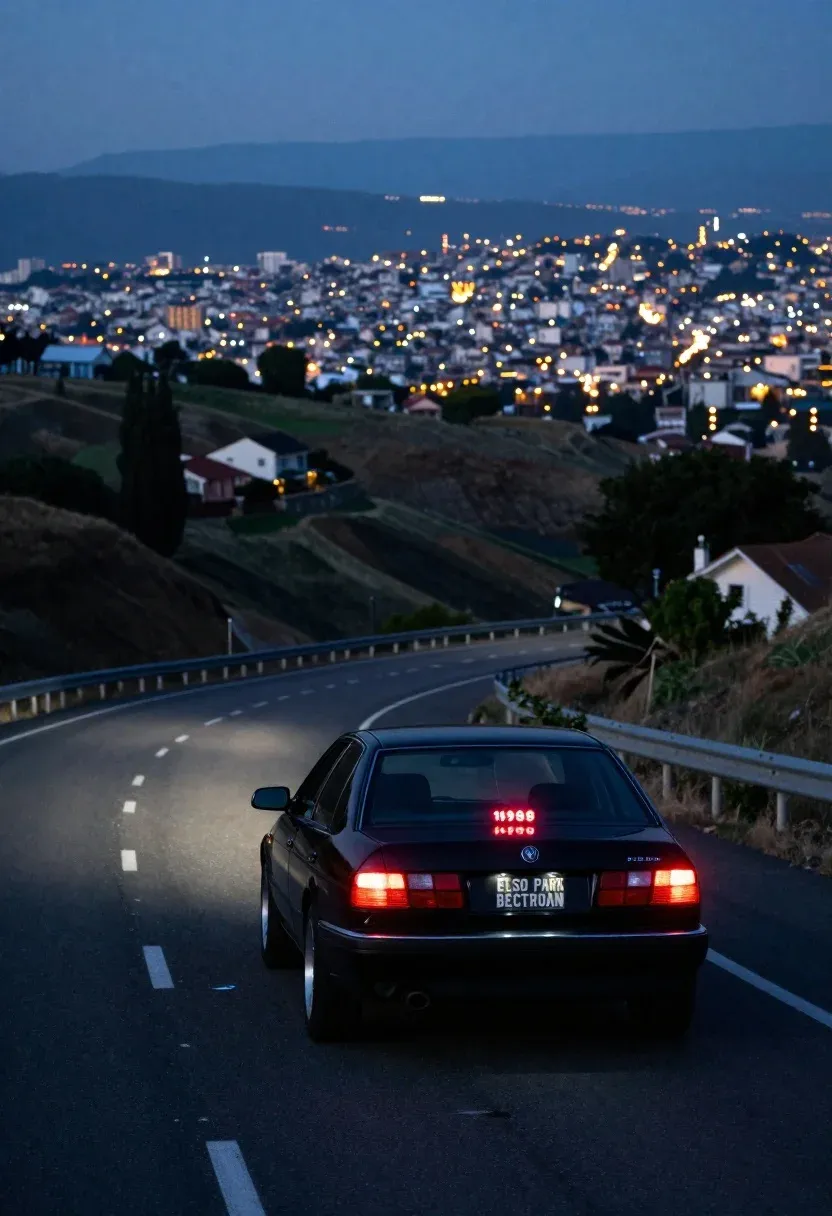 Rear View Black Sedan Driving Along Asphalt Highway Winding Through