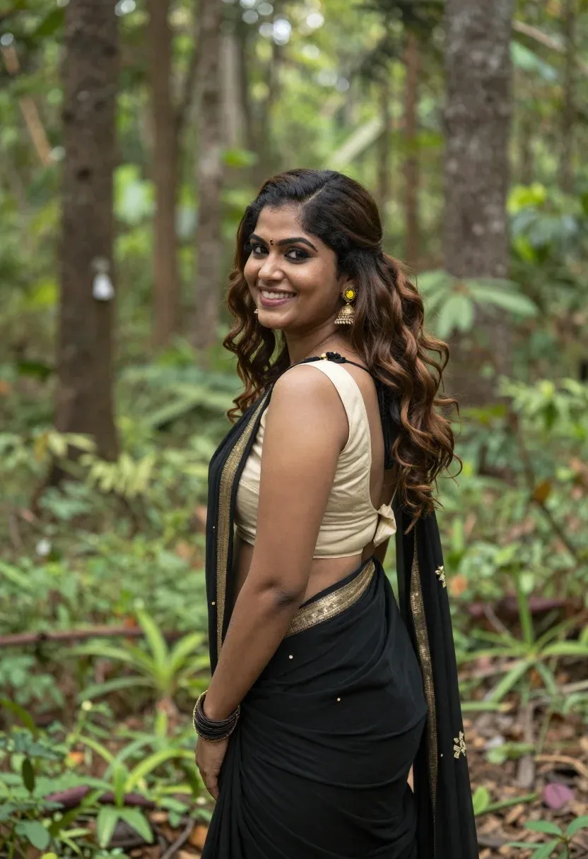 Woman Stands Lush Forest Looking Over Her Shoulder With Bright