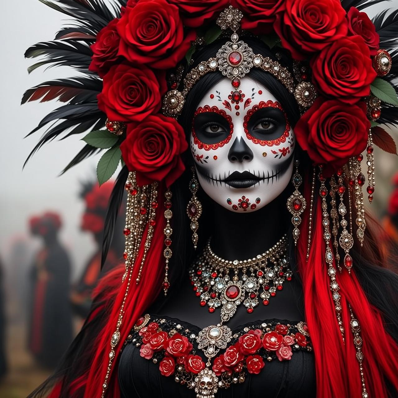 Halloween Makeup Skull Paint Long Black Red