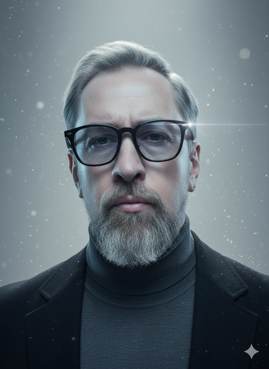 A high-fashion portrait with soft, diffused lighting highlighting natural skin tones and elegant features against a blurred gray and blue background.