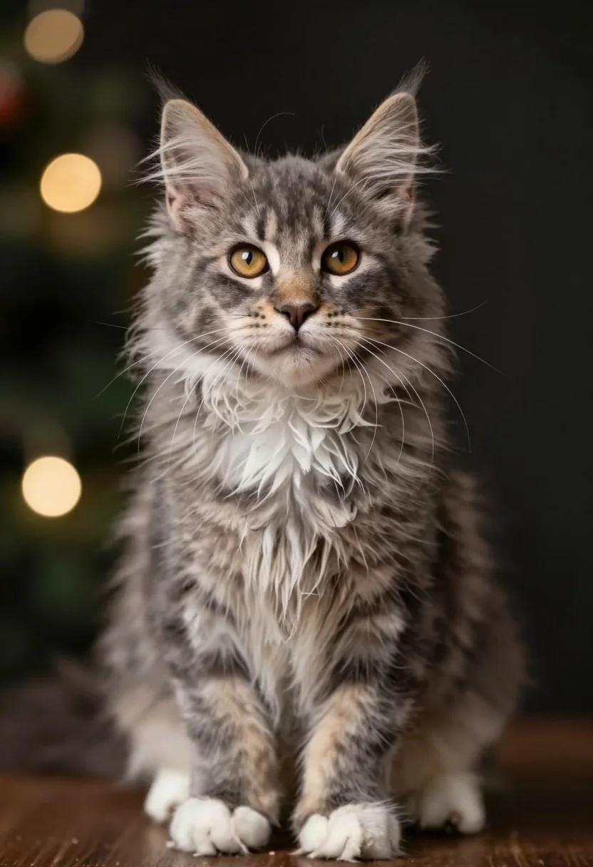 Fluffy Grey Tabby Kitten With White Paws Sits Upright And