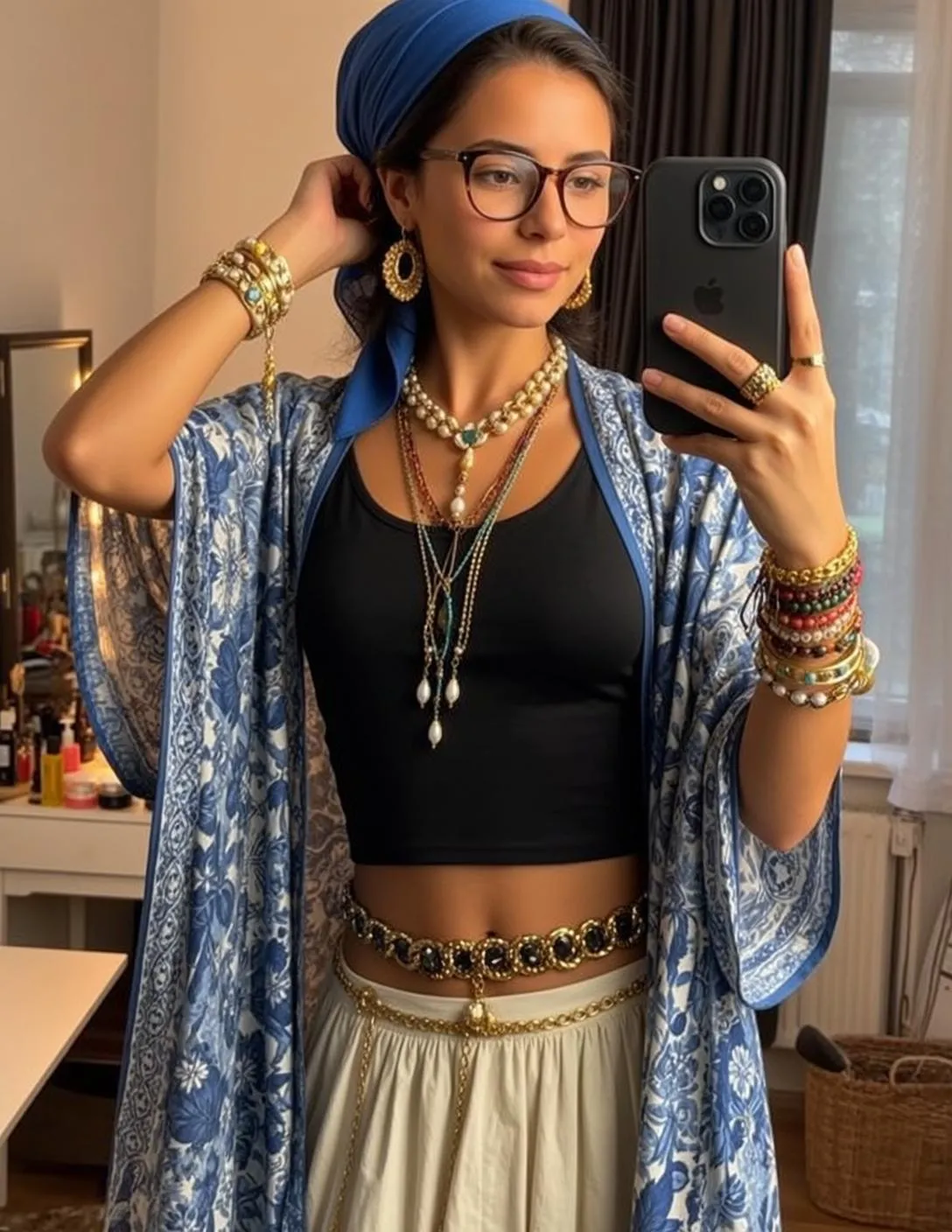 Glasses Earrings Necklace Bracelets And Rings In Bedroom Portrait