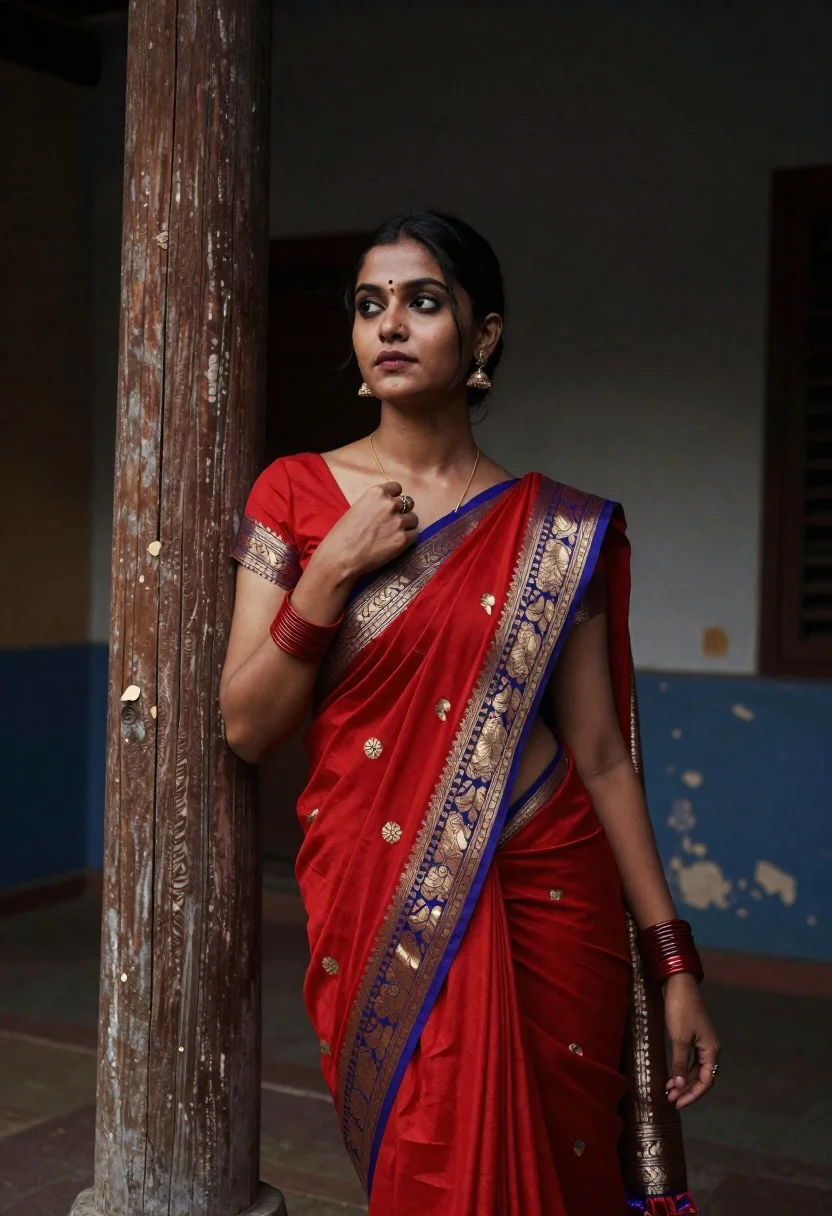 Striking Portrait Young Woman Wearing Traditional Red Saree With Gold reference photo