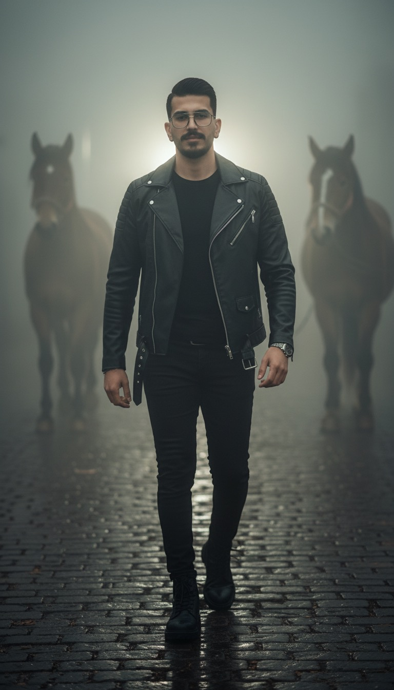 A man in a black leather jacket walking toward the camera in a cinematic foggy scene with horses in the background, soft lighting highlights