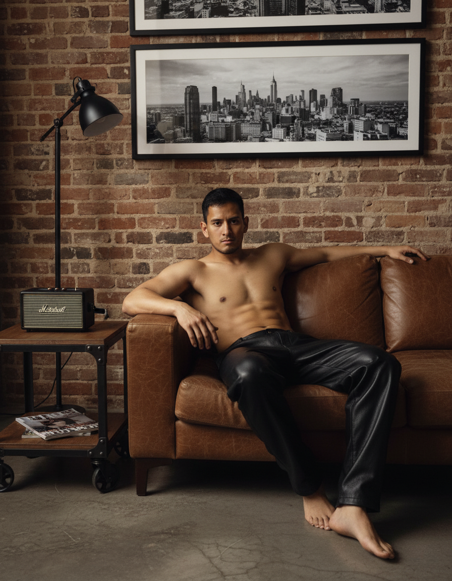 A muscular shirtless man reclining on a brown leather sofa in a stylish loft, showcasing a powerful pose with warm dramatic lighting.