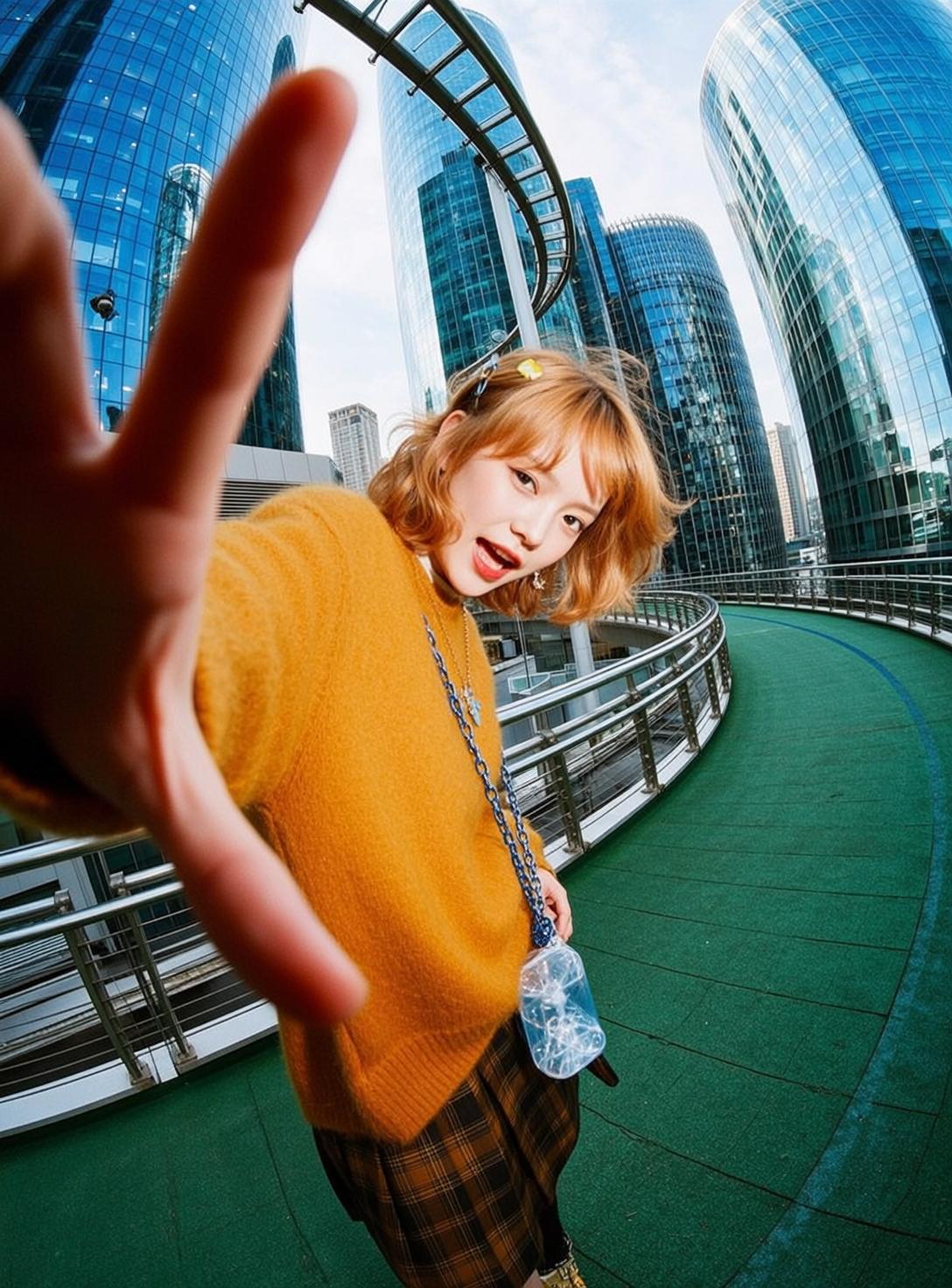 Orange Sweater City Walkway Fisheye