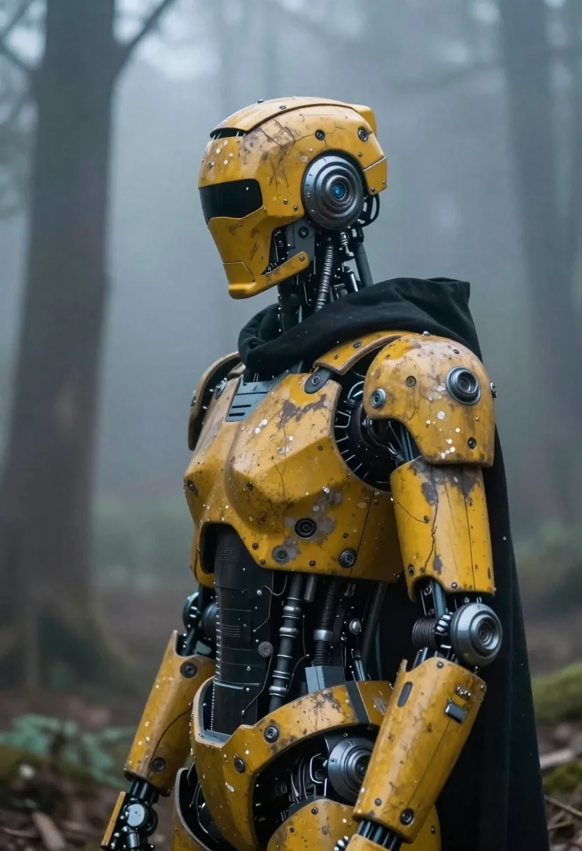 Cybernetic Robot Standing Misty Forest Setting Subject Worn Yellow Metallic reference photo