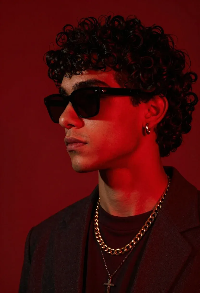 Moody Portrait Young Man With Curly Dark Hair Wearing Black