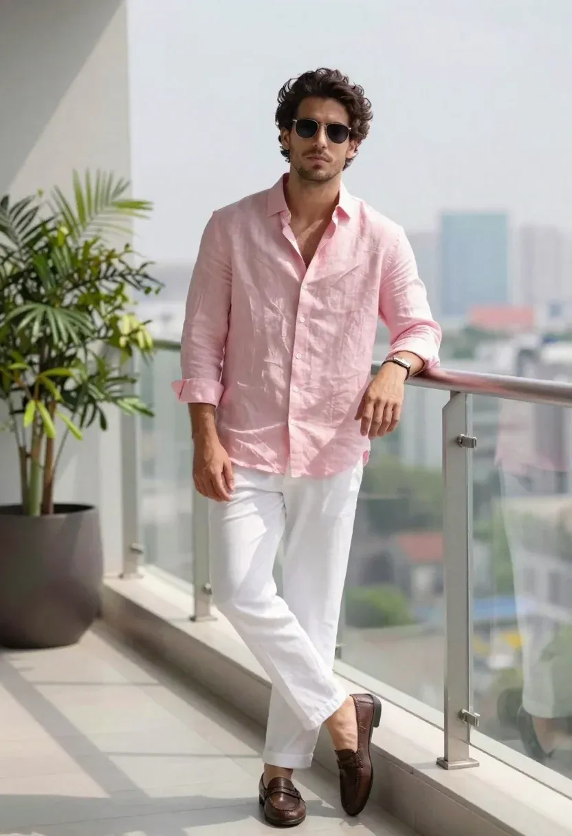 Stylish Young Man Stands Casually Modern Balcony With Cityscape The