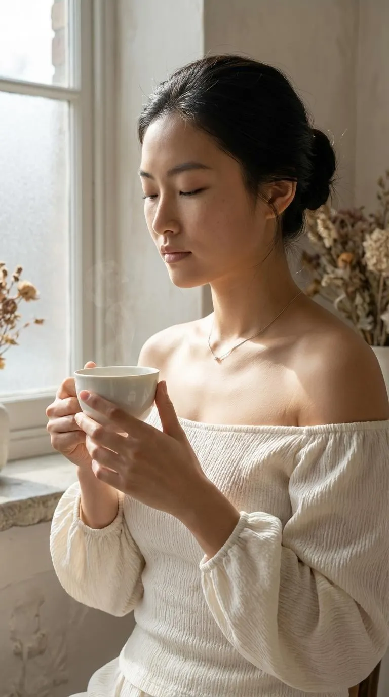 Necklace Holding Tea In A Window Light Portrait