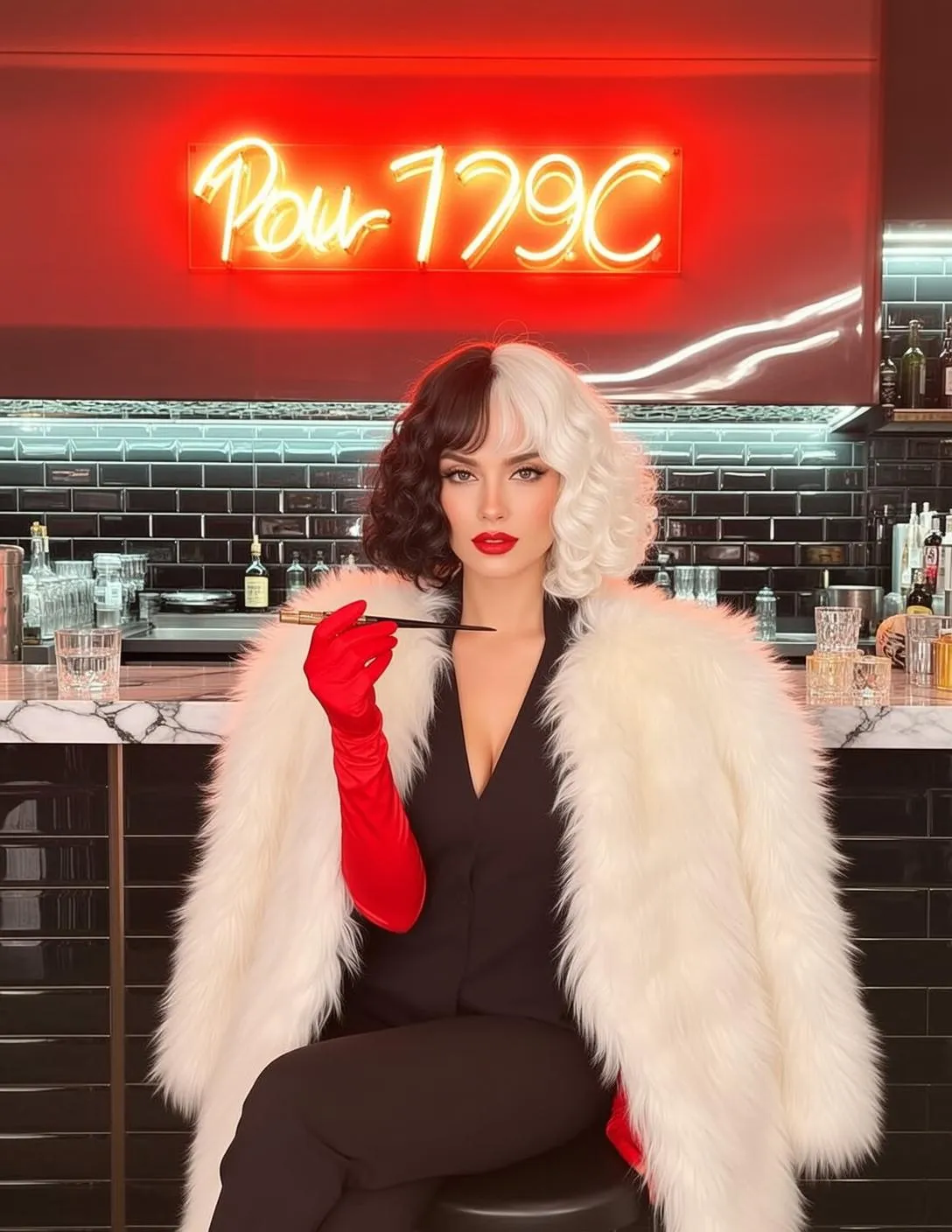 White Fur Coat And Red Gloves At A Bar