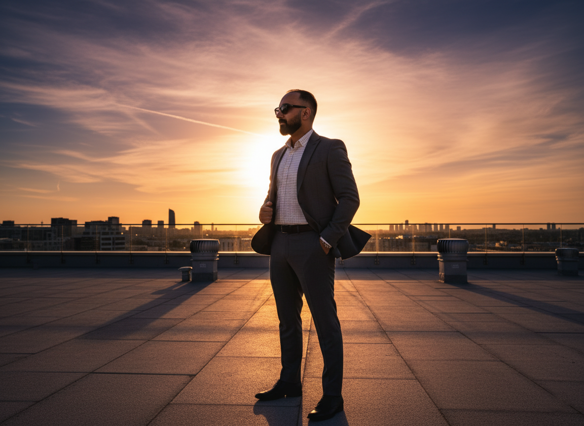 Cinematic portrait of a stylish individual in a charcoal grey suit, standing on a modern rooftop at sunset, with a backlit silhouette and sunglasses.
