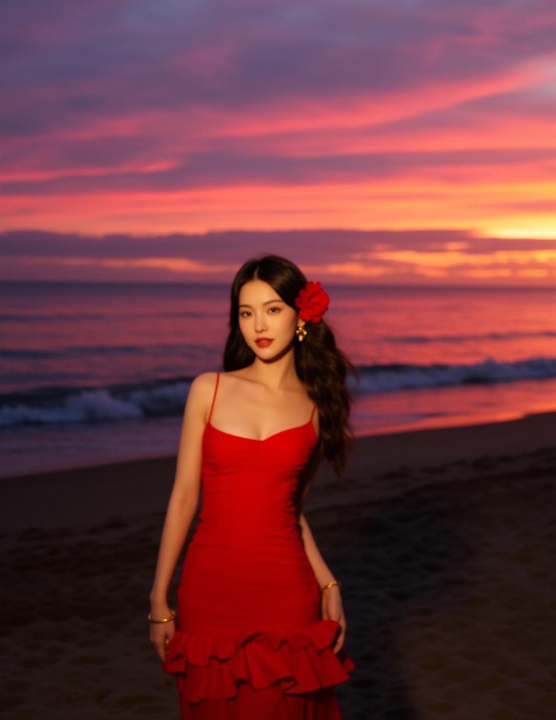 Red Dress Sunset Beach Pose