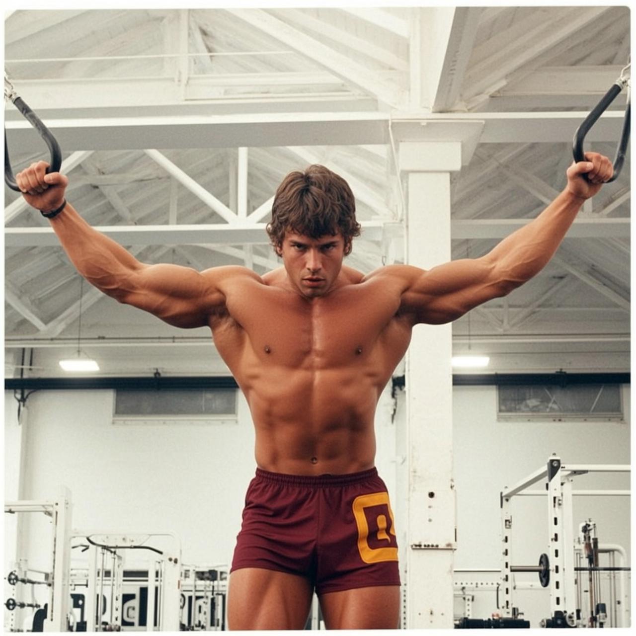 Muscular Brown Wavy Tanned Maroon Athletic Shorts