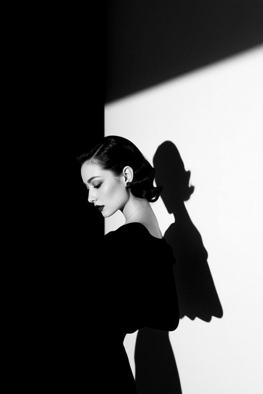 Black And White Medium Shot Portrait Young Woman With Dark