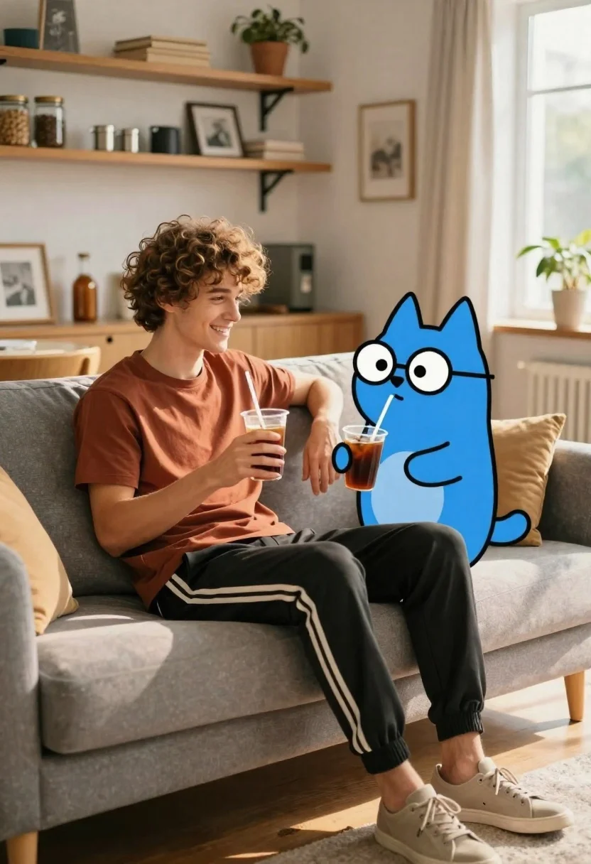A young man relaxes on a grey sofa beside a blue cartoon dog, both enjoying drinks in a warmly lit room.