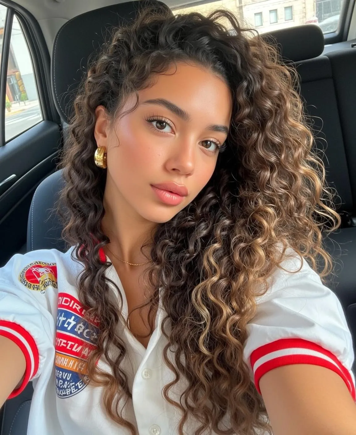 Earrings And Necklace In Car Portrait