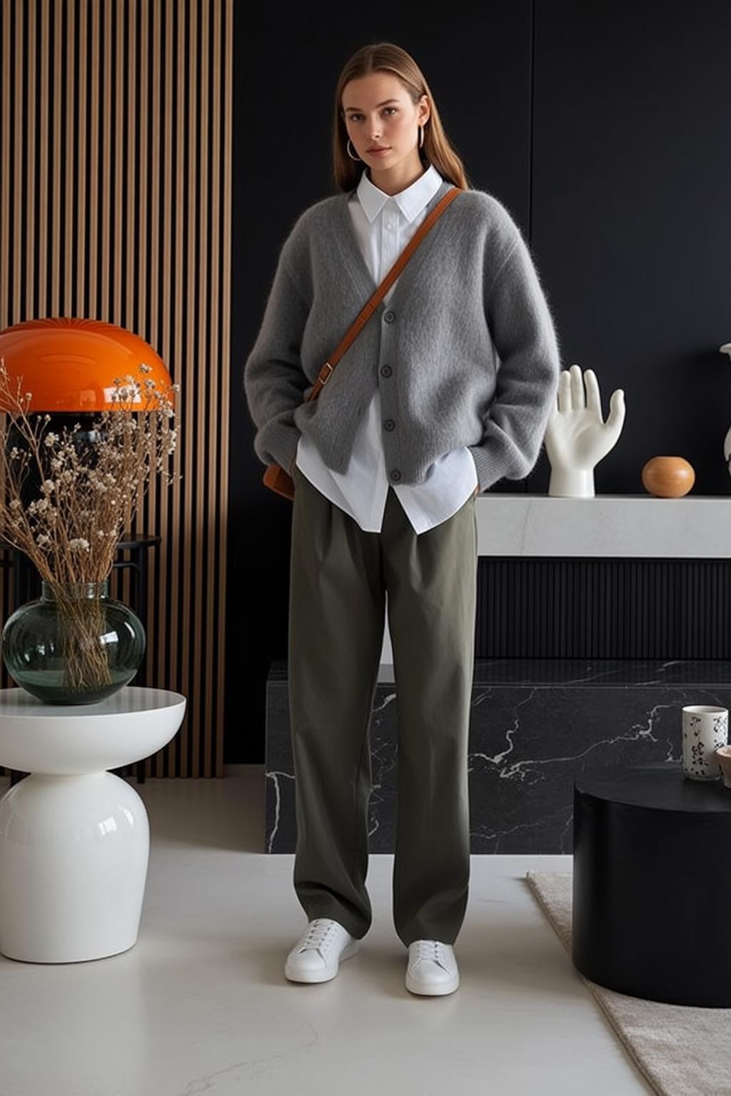White Cardigan Straight Hair Studio Standing