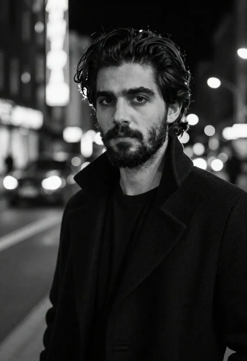 Black And White Portrait Man With Dark Wavy Hair And