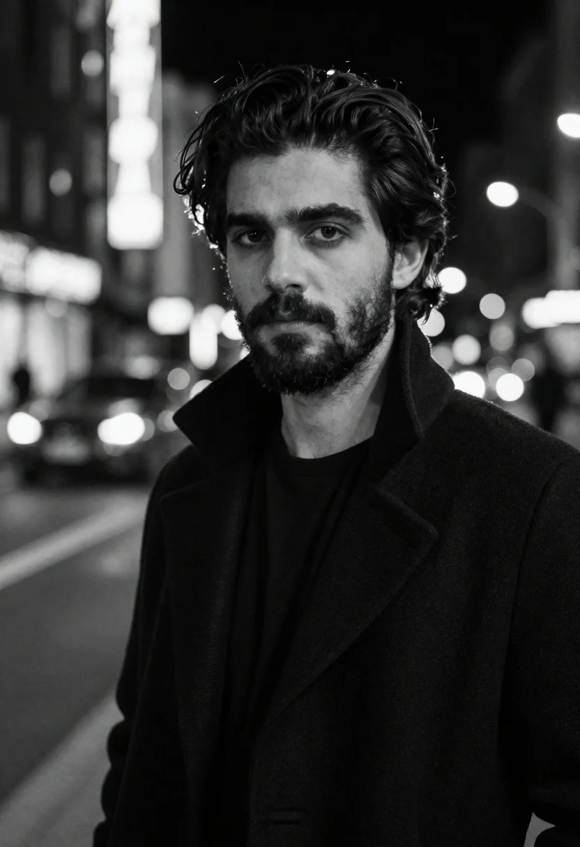 Black And White Portrait Man With Dark Wavy Hair And reference photo